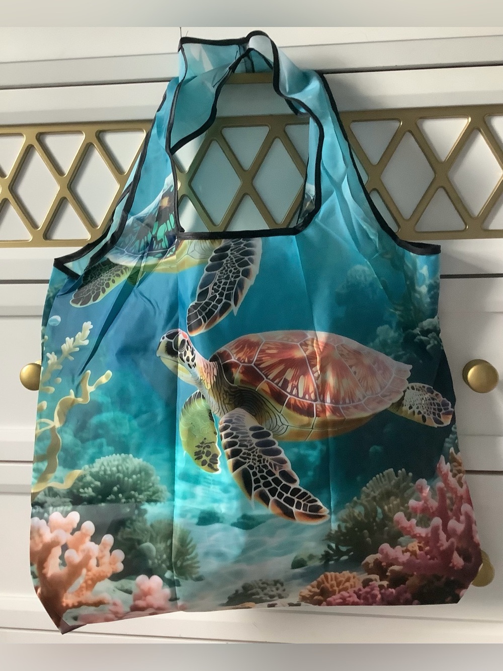 Sea Turtle Print Reusable Tote Bag in Aqua Blue